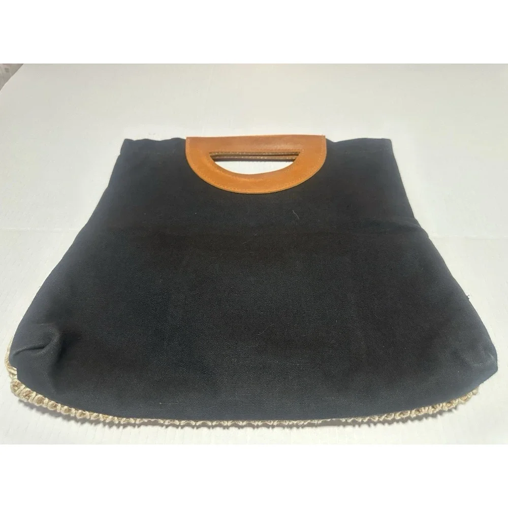 Summer Woven Canvas Tote Bag for Women Handbag with Hand Strap With Leather Trim